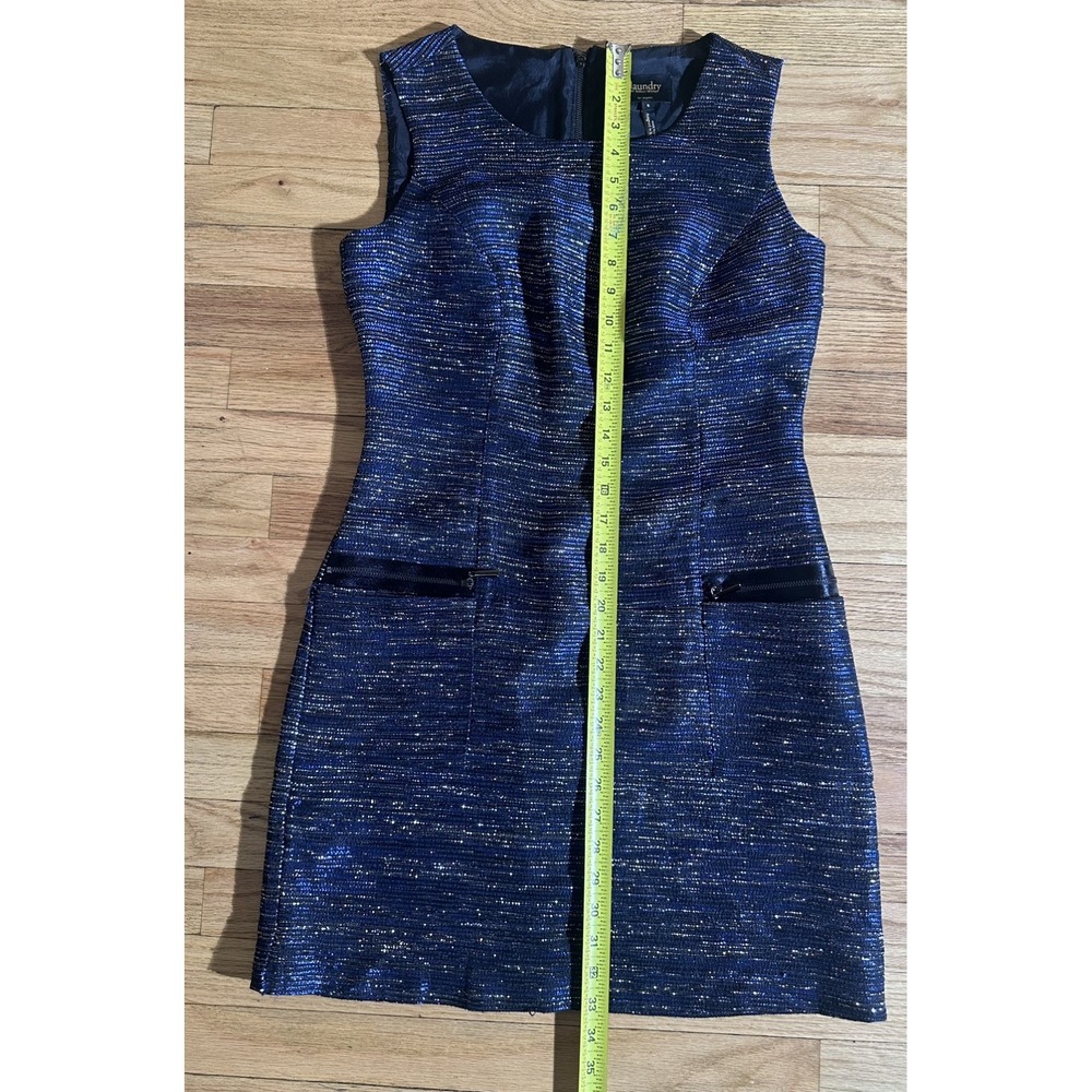 Laundry by Shelli Segal Blue Gold Metallic Sheath Party Dress Zipper Pocket Sz 6